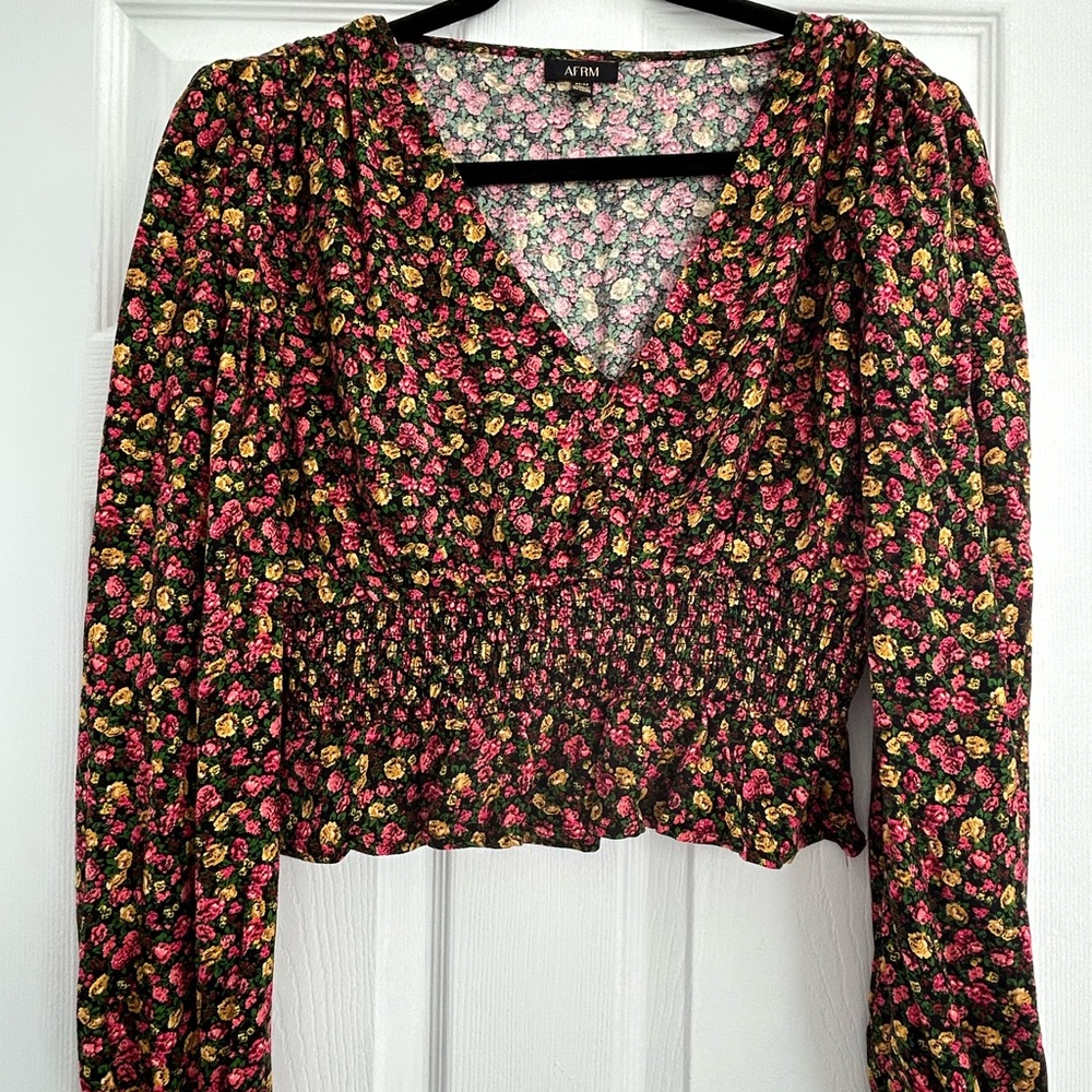 Nordstrom Black Floral Blouse with Pink and Green Accents